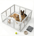 Clear acrylic indoor pet playpen with white frame and locking door