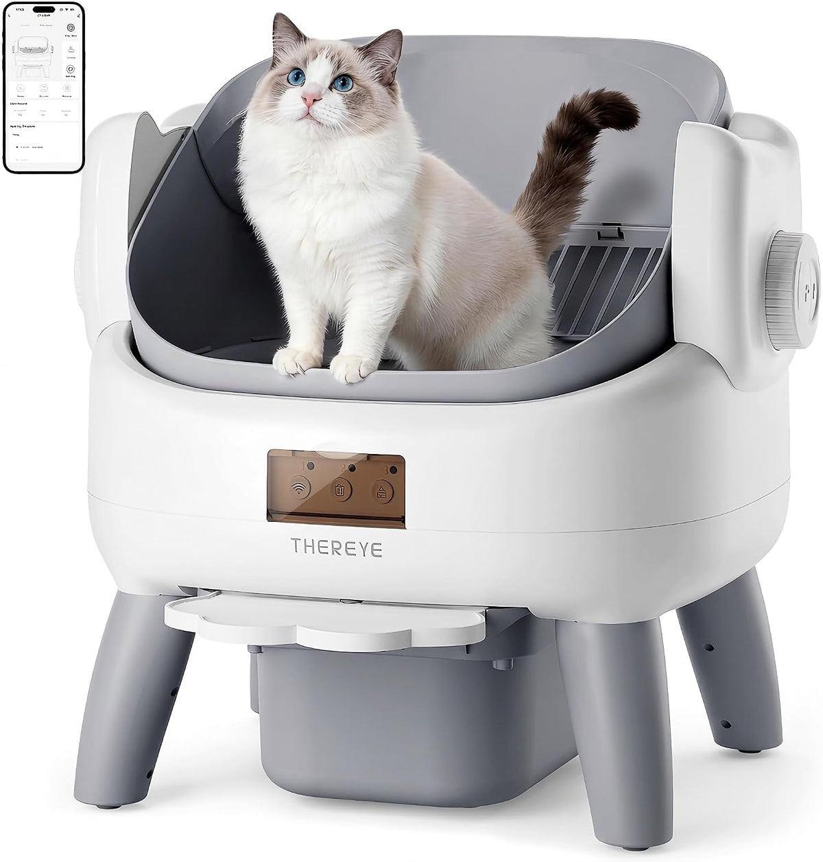 Open-top automatic self-cleaning cat litter box with entry step and waste bin – view 2