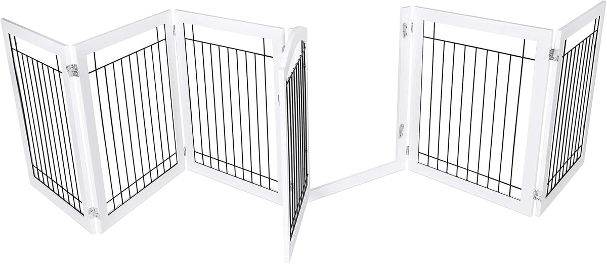 White six-panel wooden and wire dog gate with walk-through door