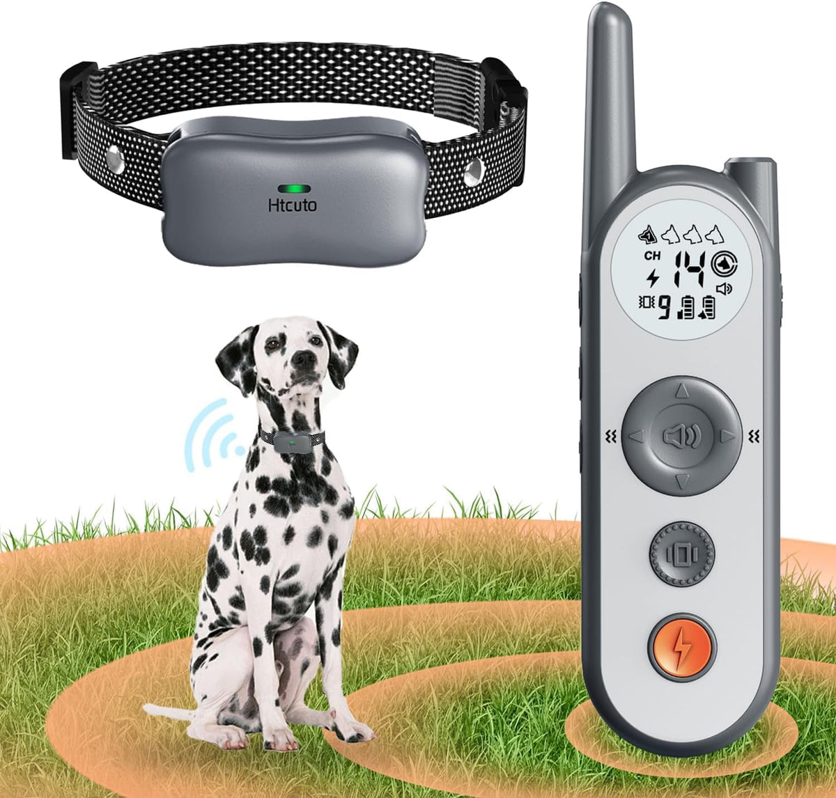 Grey wireless dog fence transmitter with remote and training collar