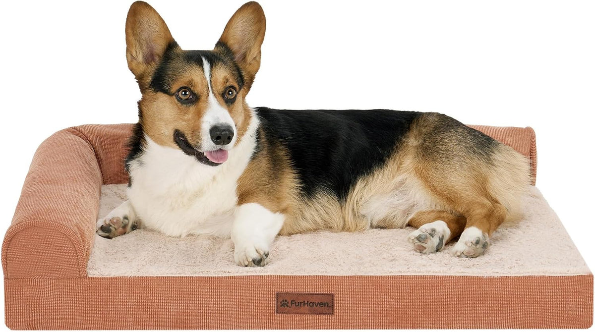 Olive plush and grid cord L-shaped chaise lounge dog bed – view 8