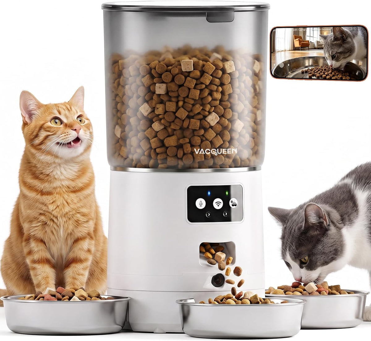 Black automatic cat feeder with rotating camera – view 2