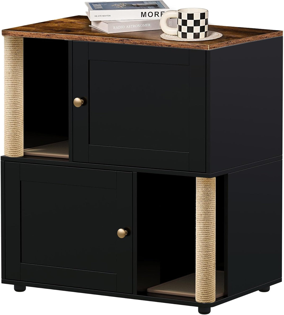 Two-tier wooden double litter box enclosure with scratching posts