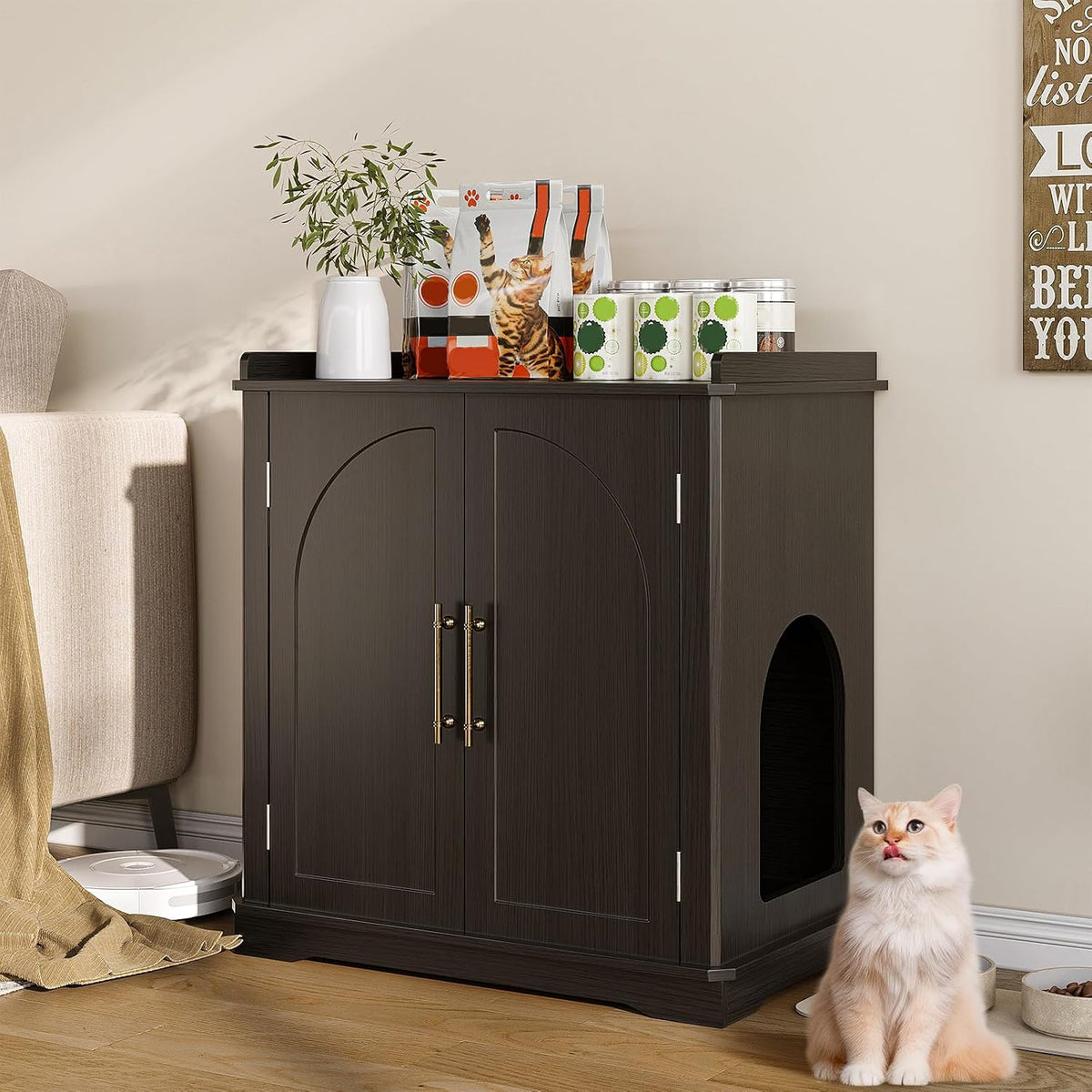 White hidden litter box furniture cabinet with side entrance – view 2