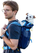 Blue mesh dog backpack carrier with a dog's head and paws out the front – view 2