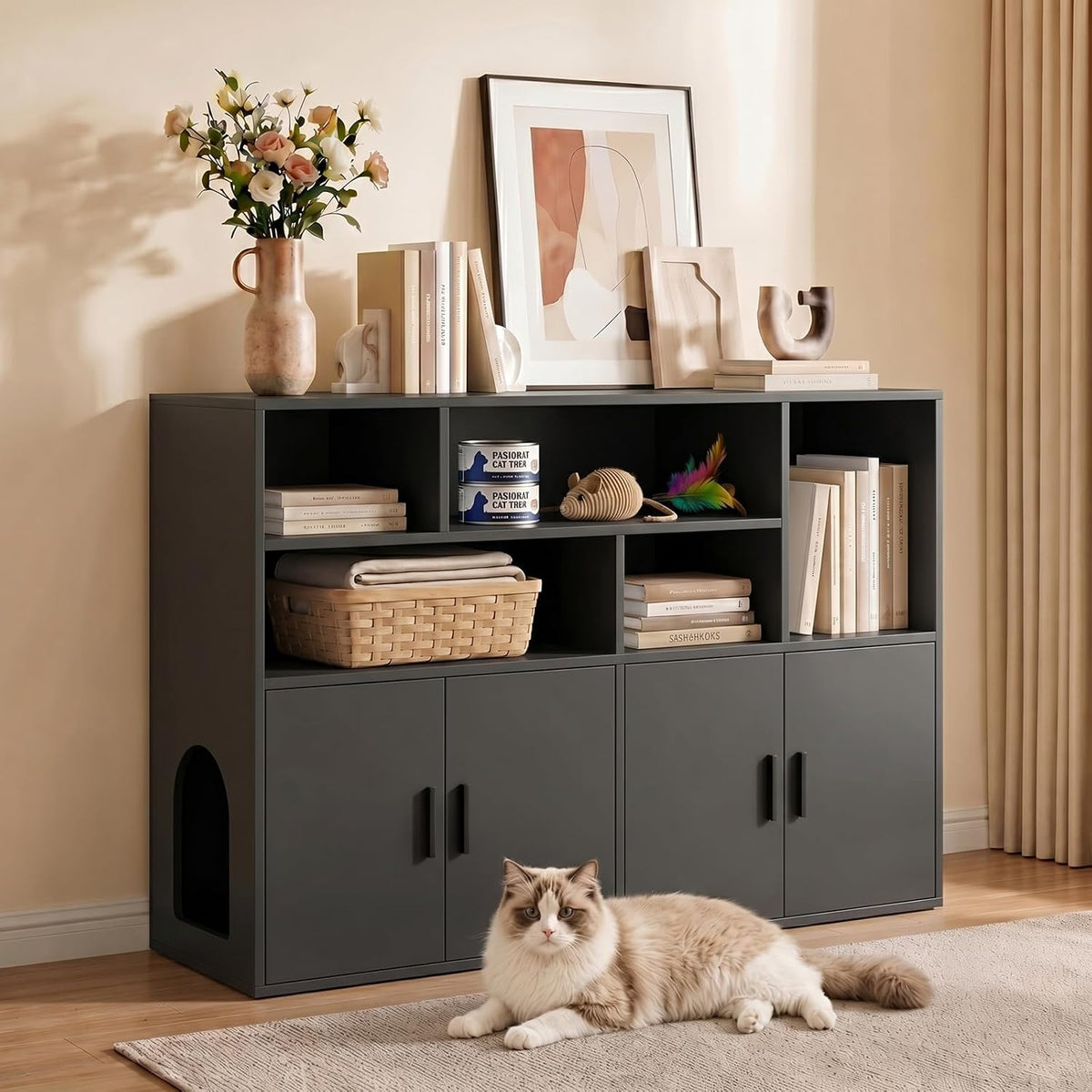 Black double cat litter box enclosure cabinet with pass-through and cubby storage