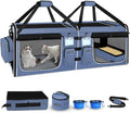 Blue double cat travel carrier with two compartments and litter box