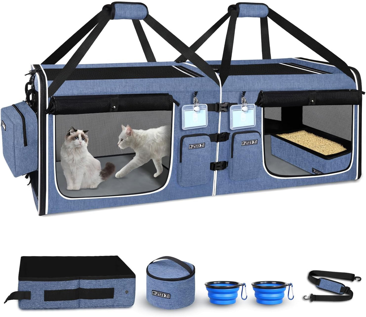 Blue double cat travel carrier with two compartments and litter box