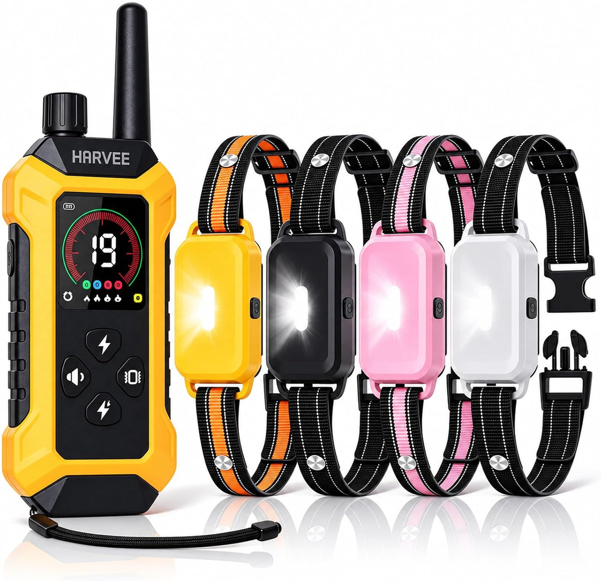 Remote with four waterproof dog training collars in assorted colors – view 2