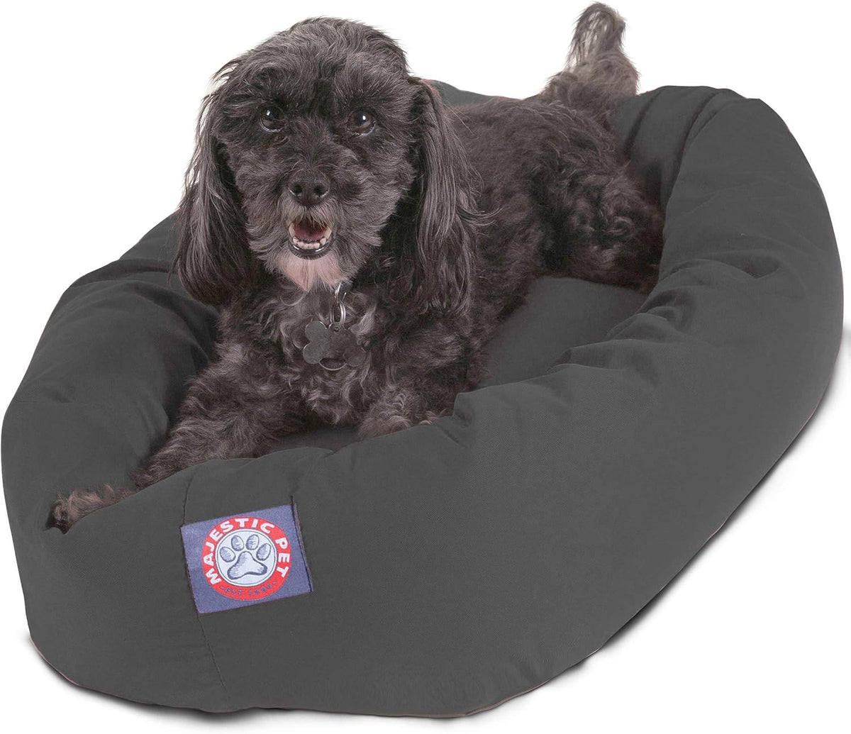 Gray fluffy round donut dog bed with bolster rim