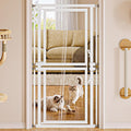 White extra tall clear acrylic cat gate with door in a hallway