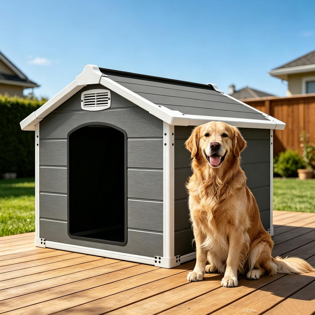 45 inch wooden dog house with gray PVC roof, ventilation window and raised feet – view 2