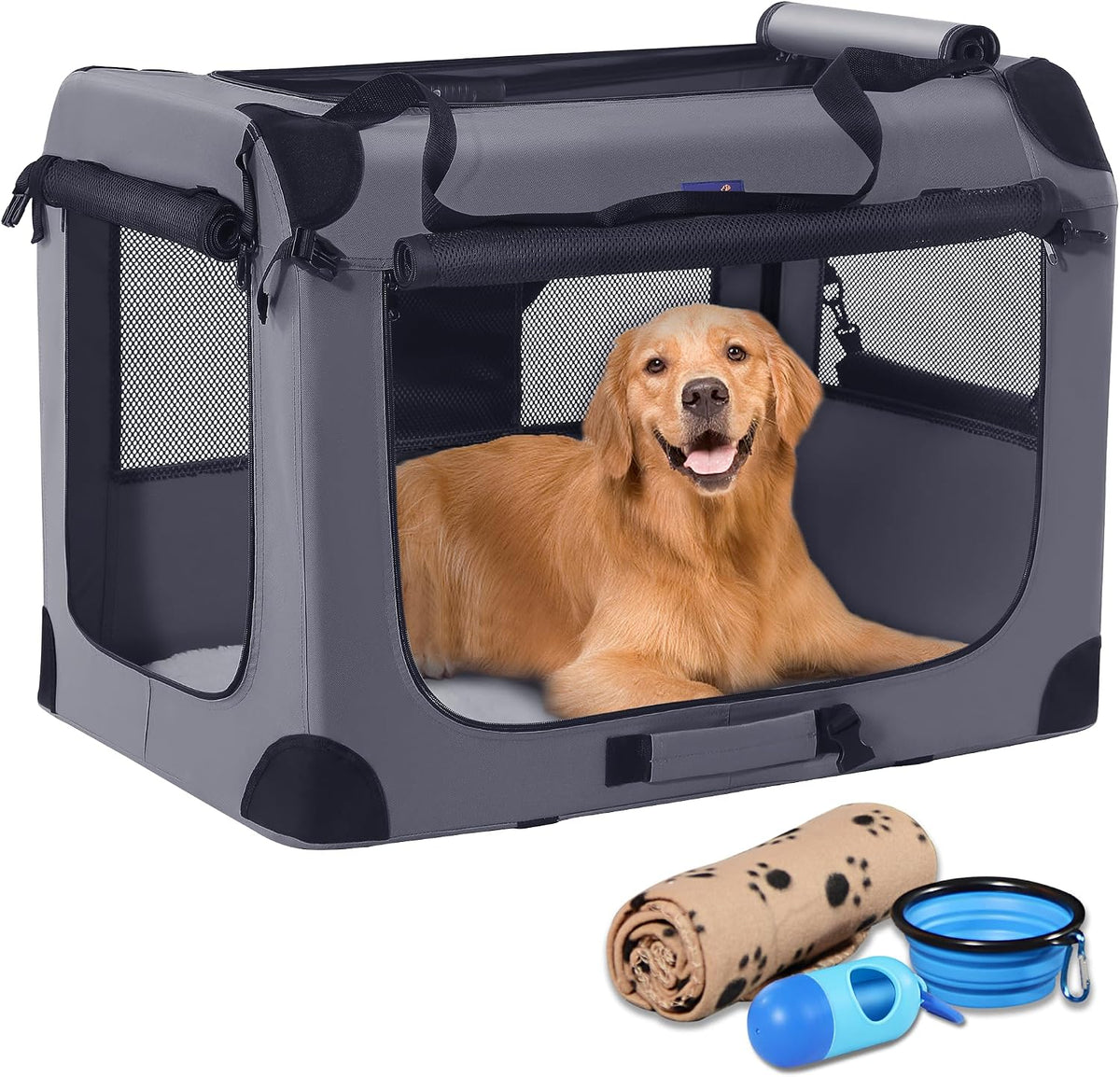 Large collapsible soft dog crate with steel frame, mesh windows and three doors