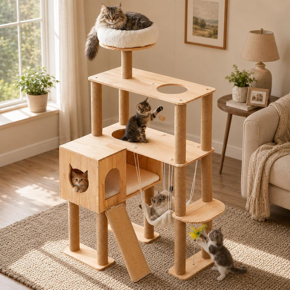 Natural pine wood corner cat tree with sisal-wrapped posts