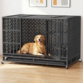 Black heavy-duty steel tube dog crate with two doors and caster wheels
