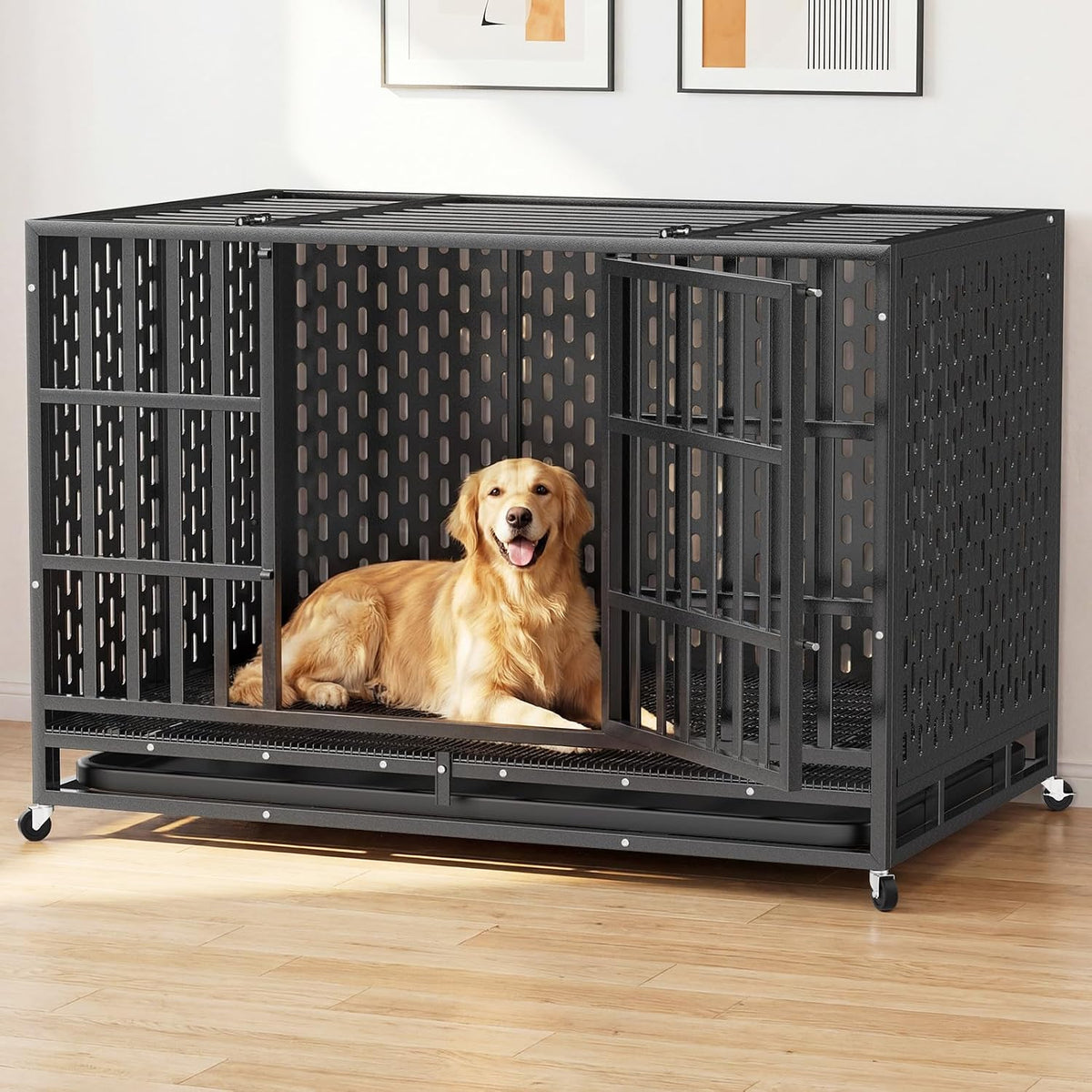Black heavy-duty steel tube dog crate with two doors and caster wheels