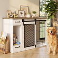 White wooden dog crate end table with drawers and sliding doors
