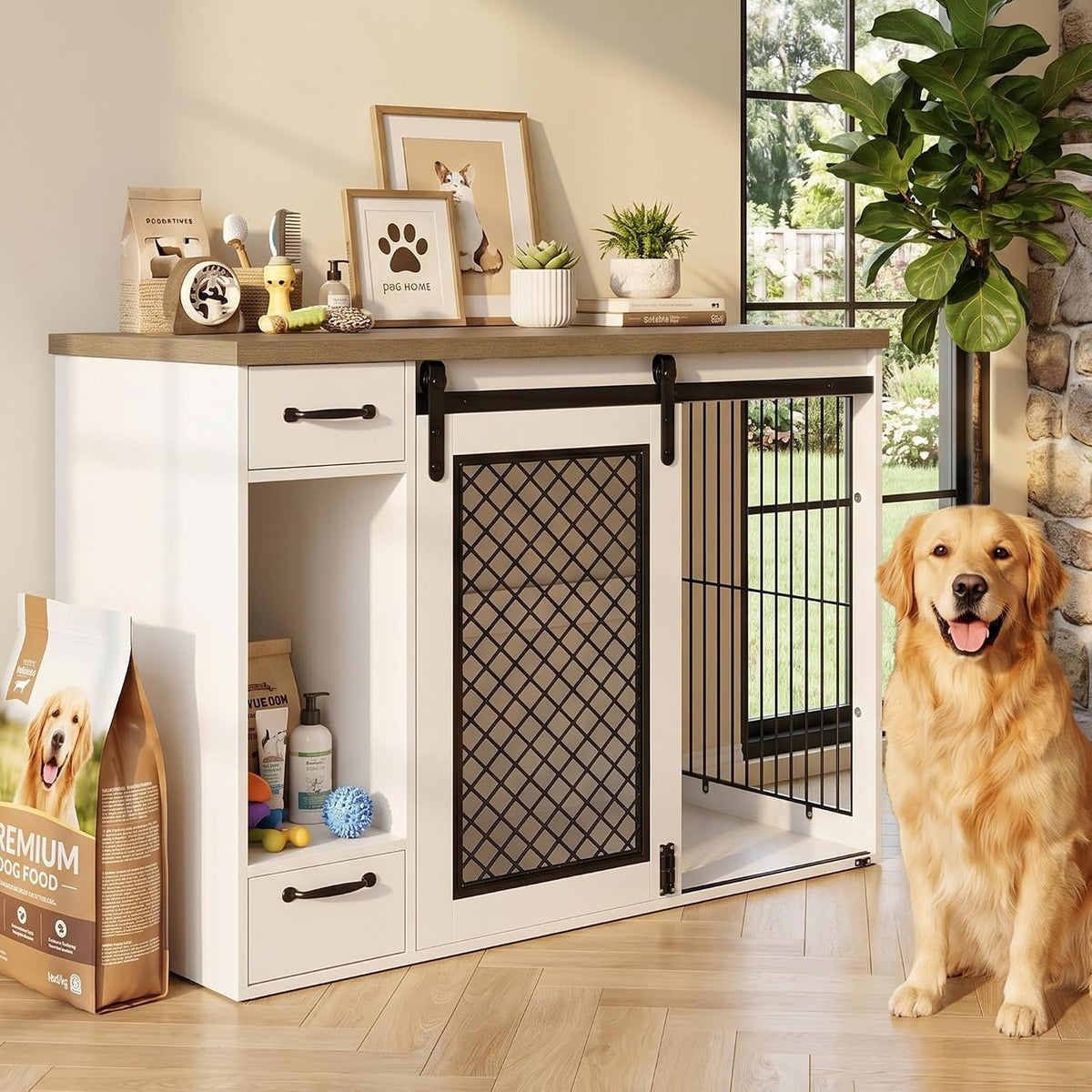 White wooden dog crate end table with drawers and sliding doors