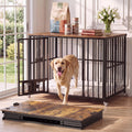 Collapsible furniture-style dog crate with rotating bowl holder and casters