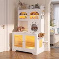3-Tier Cat Litter Box Enclosure with Storage Cabinet, 3-Color LED Light and Climbing Platforms, White