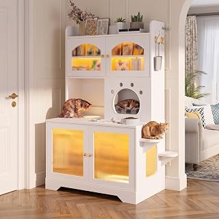 3-Tier Cat Litter Box Enclosure with Storage Cabinet, 3-Color LED Light and Climbing Platforms, White