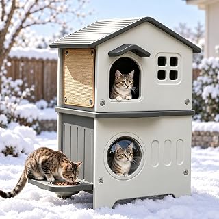 Insulated 2-Story Plastic Outdoor Cat House with Escape Door, Scratching Post and Stainless Steel Bowl, Grey, 21.5 x 21 x 34
