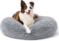 Round charcoal fluffy pillow dog bed, 36 inches across