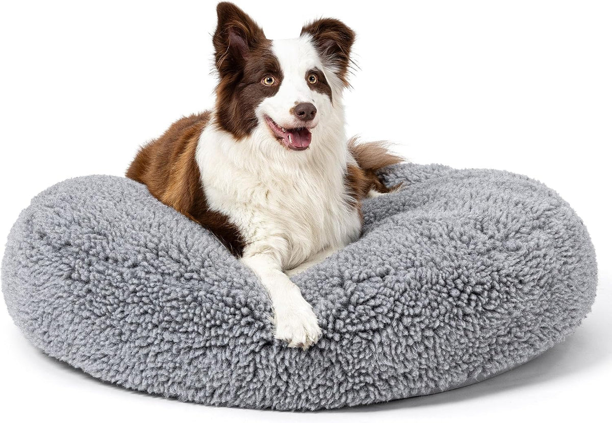 Round charcoal fluffy pillow dog bed, 36 inches across