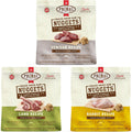 Three bags of freeze-dried raw dog food nuggets in venison, lamb and rabbit