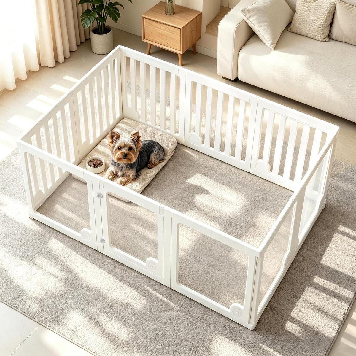 Clear acrylic 12-panel dog playpen with center divider forming two rooms – view 4