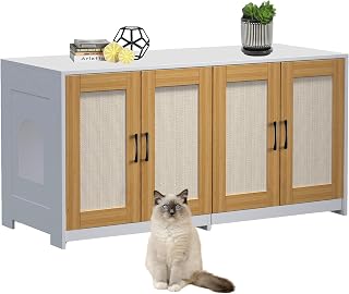 Double Cat Litter Box Enclosure for 2 Cats, Large Wooden Cabinet with 2 Sisal Scratching Doors, Sliding Trays and TV Stand