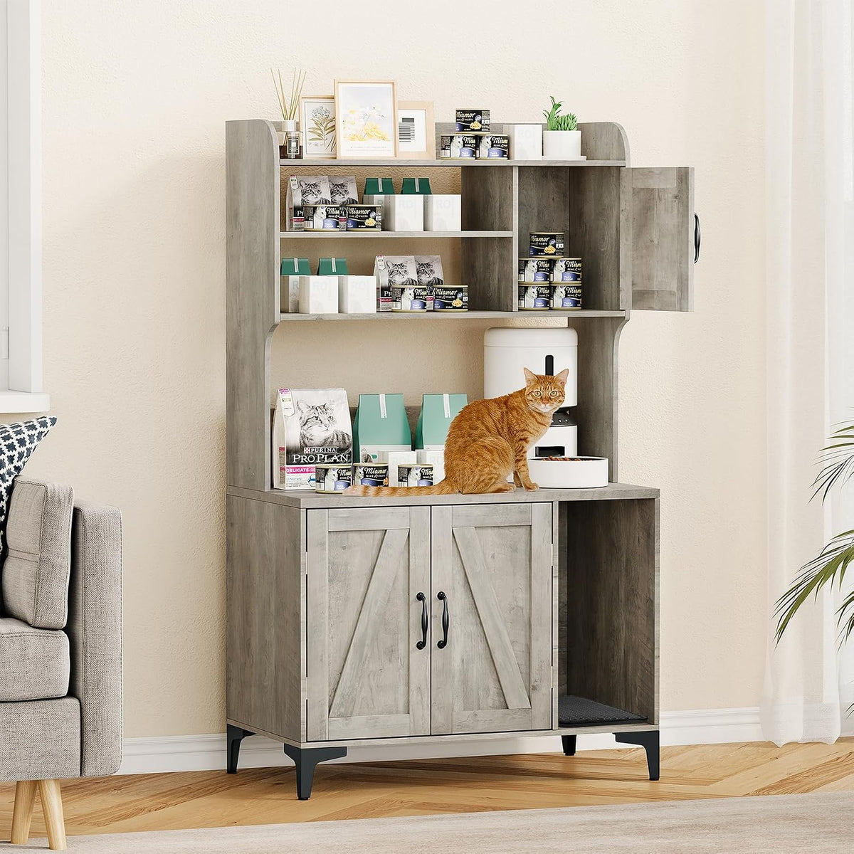 White wooden litter box enclosure with shelves – view 2