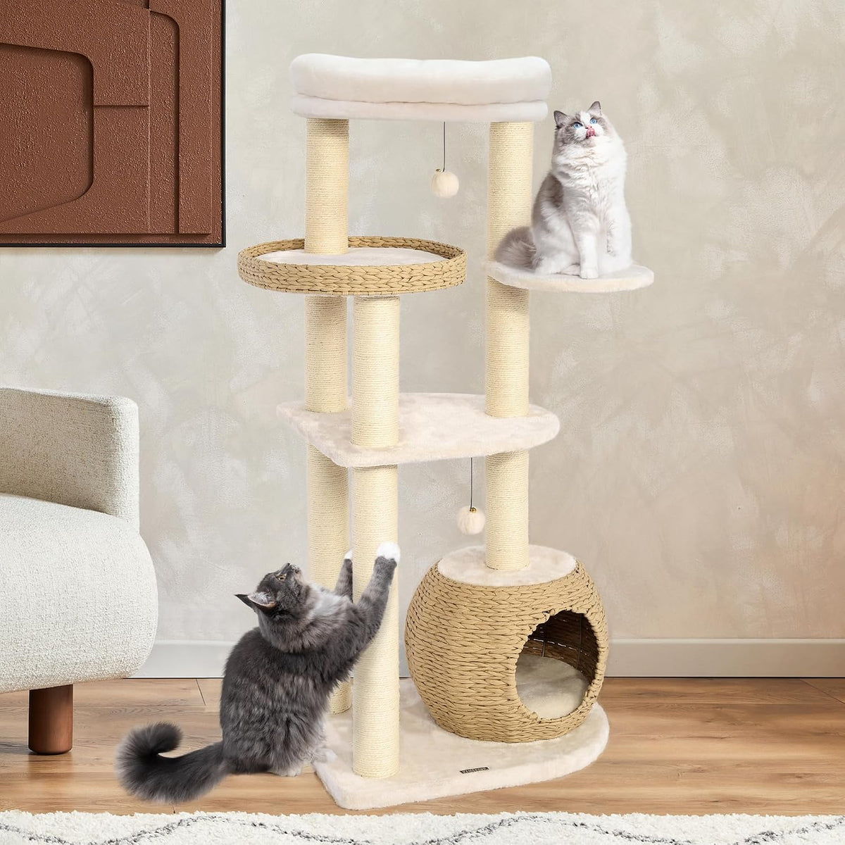 White 53 inch modern cat tree with hand-woven condo and sisal posts