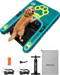 Inflatable dog ramp floating beside a boat with dog climbing out of the water