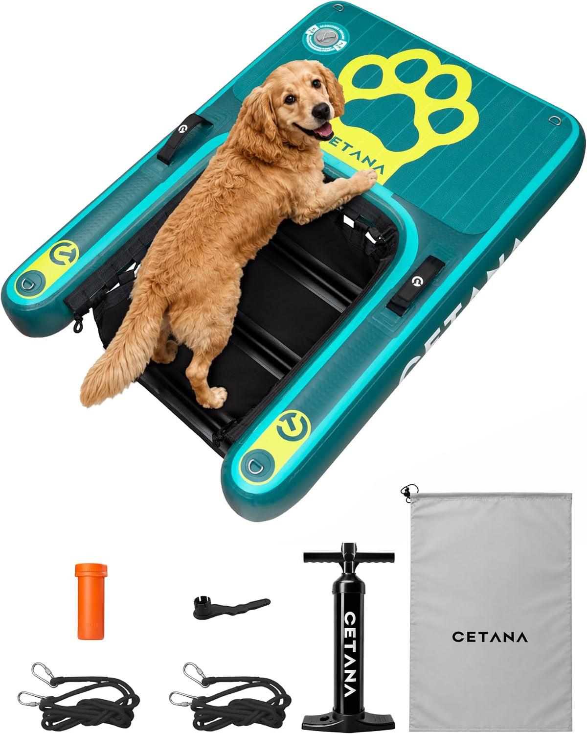 Inflatable dog ramp floating beside a boat with dog climbing out of the water