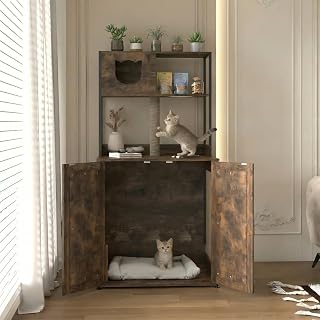 Cat Litter Box Enclosure Furniture, 65 Inch Large Hidden Cabinet with Sisal Scratcher for Self-Cleaning Litter Boxes, Rustic
