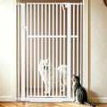 White 56 inch extra tall metal pet gate with walk-through door in a hallway