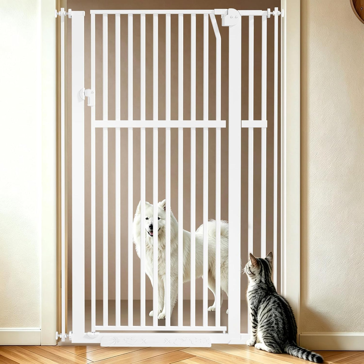 White 56 inch extra tall metal pet gate with walk-through door in a hallway