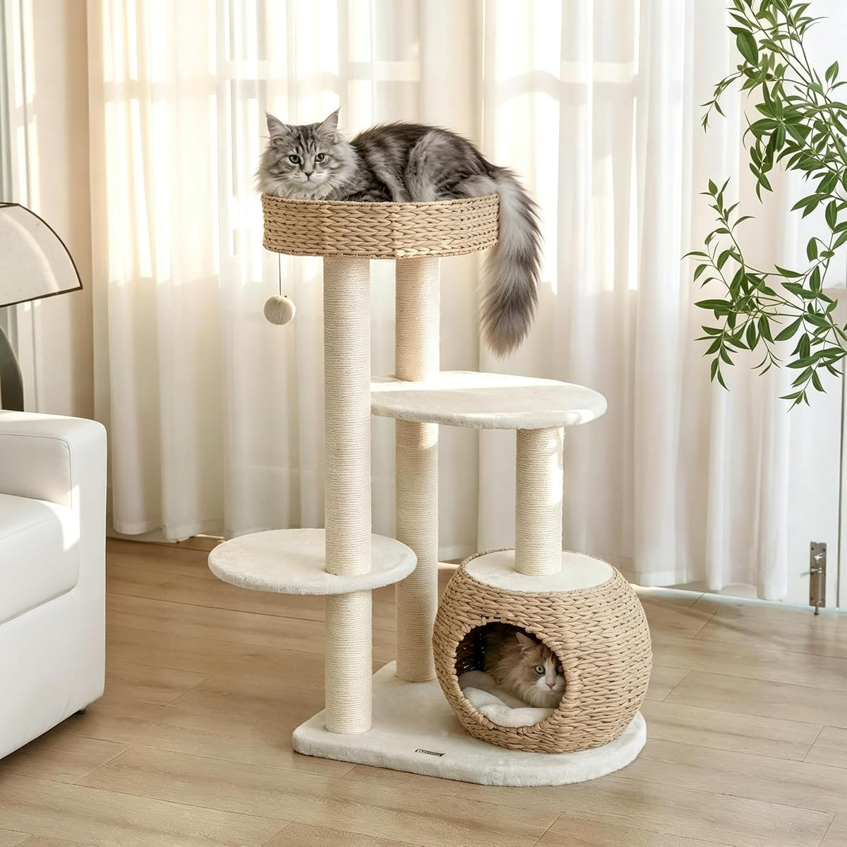 Tall modern wood cat tree with hammock, condo and cushions – view 5