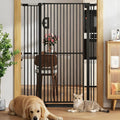 Black 57 inch extra tall pet gate with walk-through door at stairs