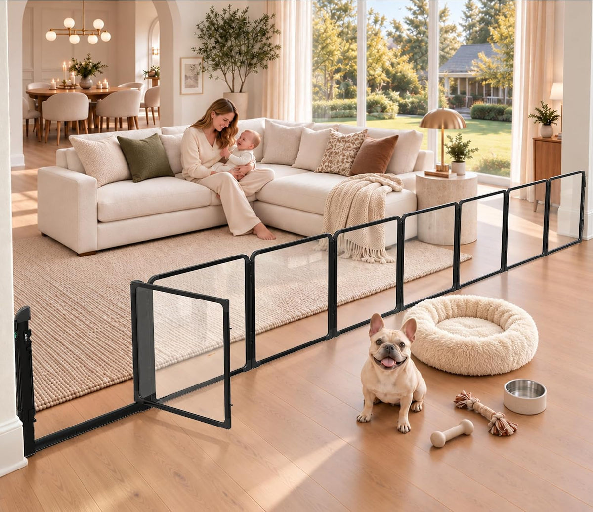 Extra wide metal and clear acrylic dog gate with walk-through door