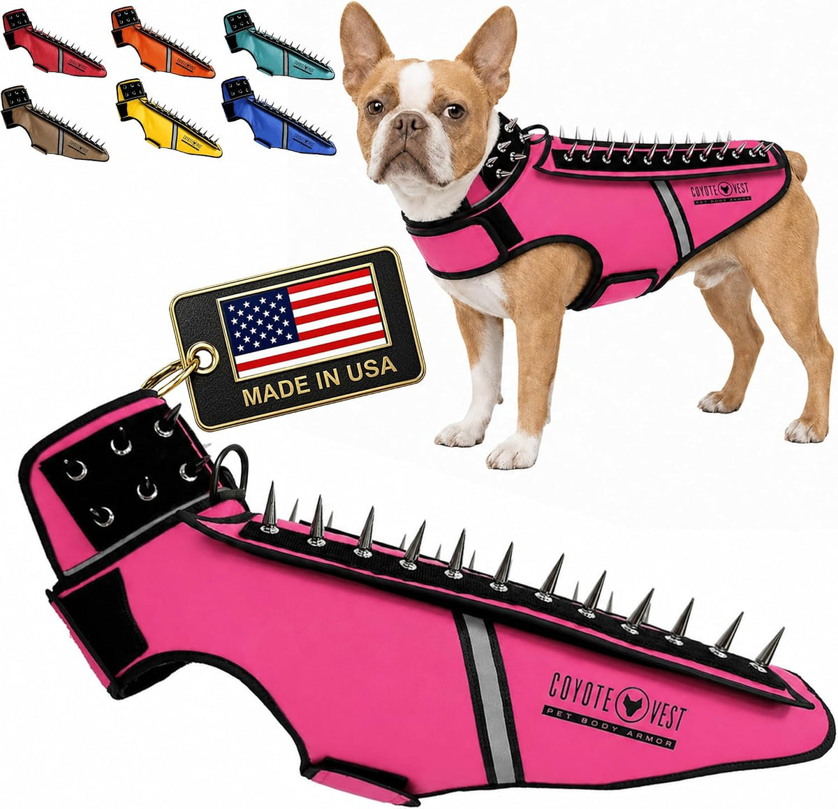Fluorescent orange stab-resistant small dog harness vest with spike add-on – view 3