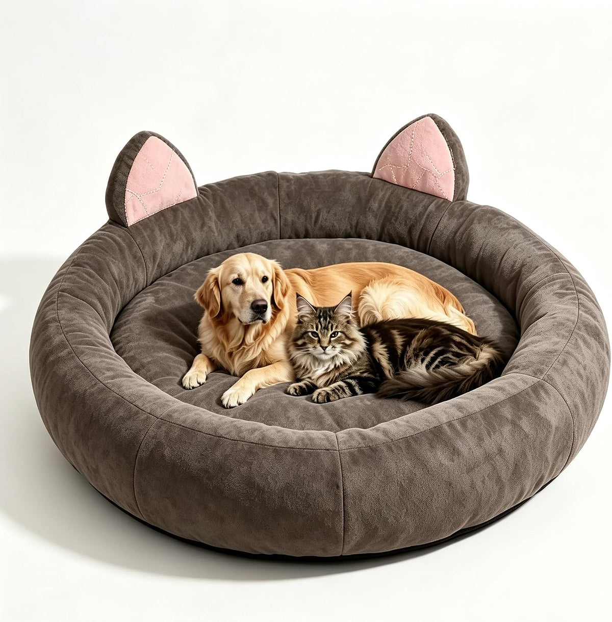 Brown 70 inch round dog bed with ear shapes and a thick bolster rim