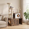 Cat Tree Tower with Litter Box Enclosure, 2-in-1 Wooden Condo with Sisal Post, Hammock and Washable Cushion, Brown