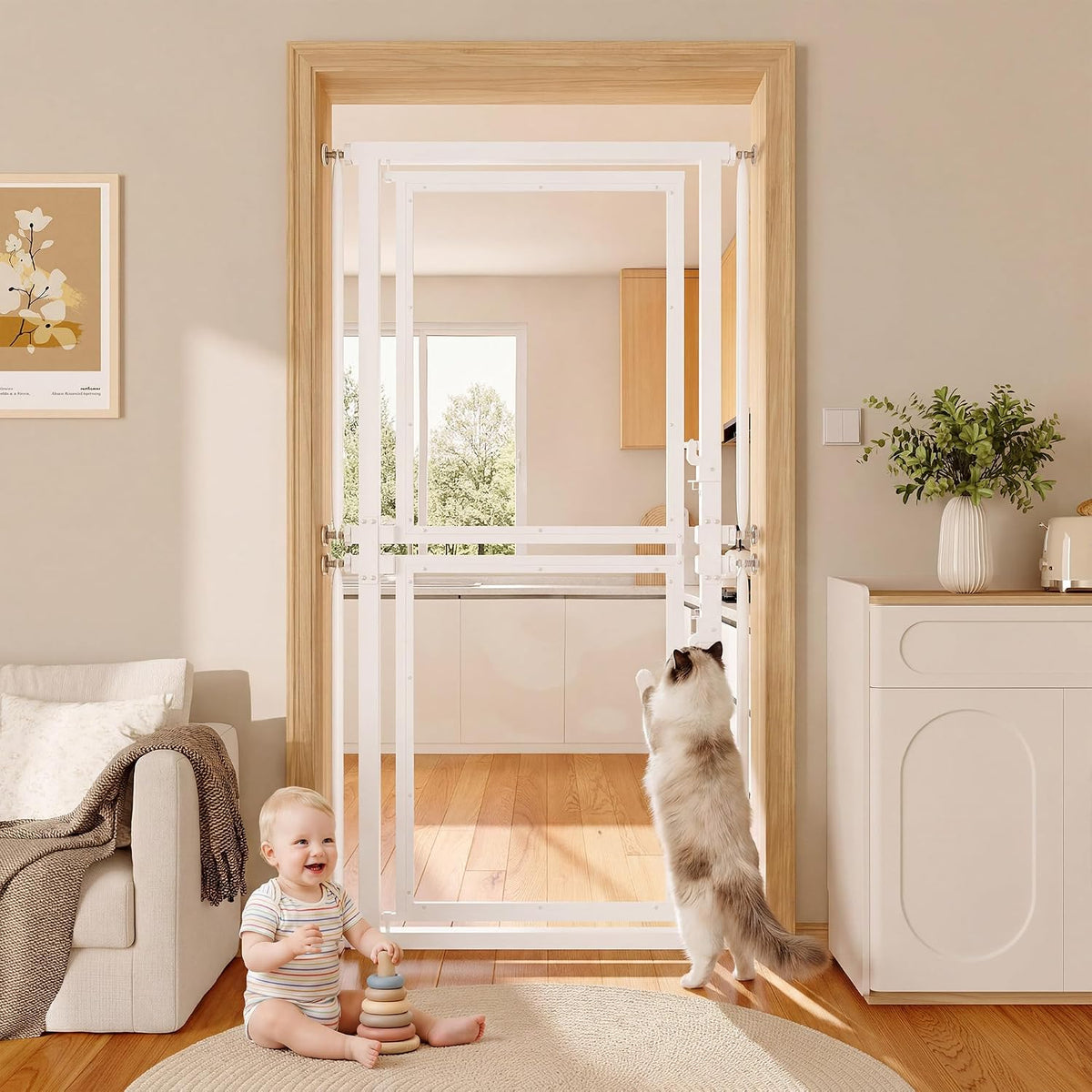 Extra tall clear acrylic cat safety gate installed at a staircase