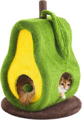 Green and yellow fruit-shaped cat tree with plush condo and sisal scratcher