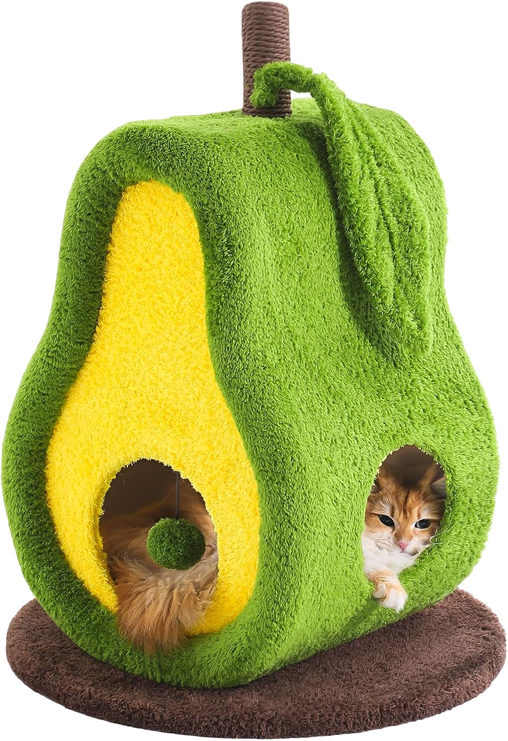Green and yellow fruit-shaped cat tree with plush condo and sisal scratcher