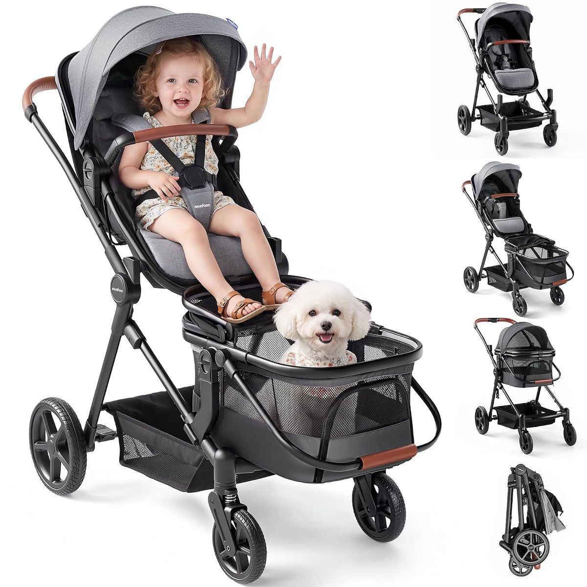 Gray 3-in-1 wagon stroller with pet basket and canopy