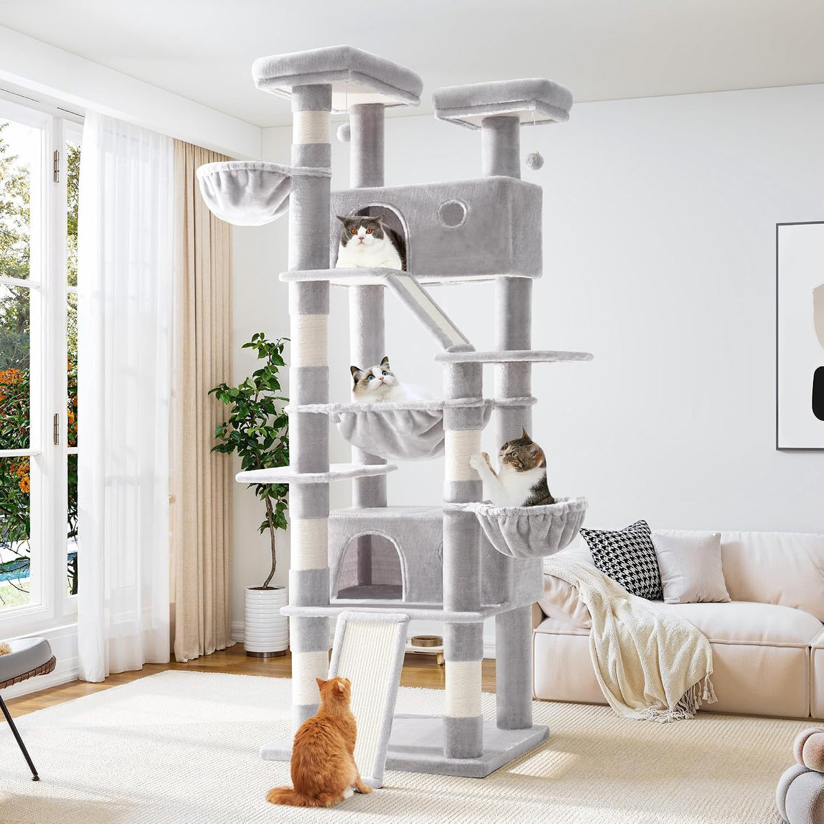 81 inch tall beige cat tree with condo and hammock – view 2