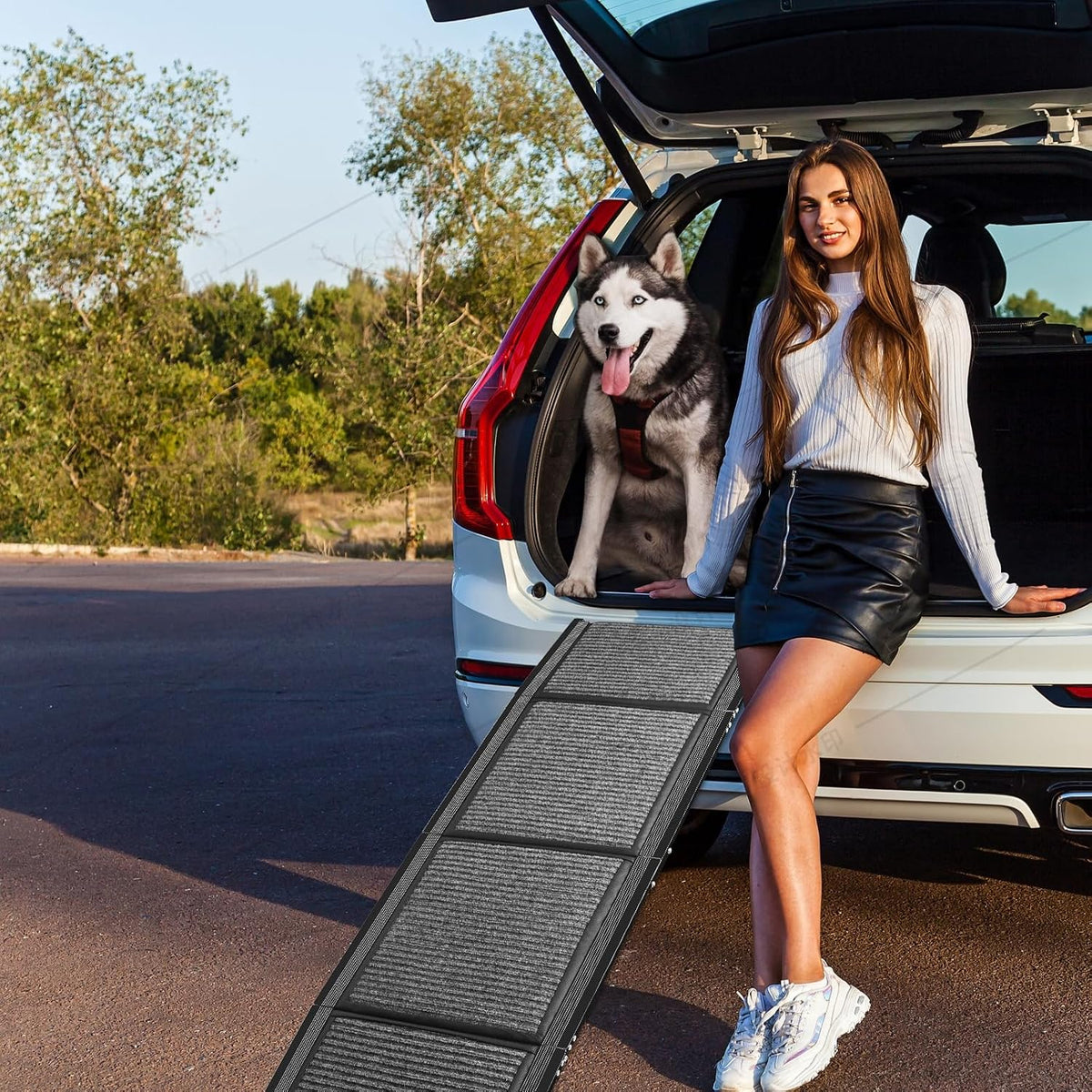 Black aluminum foldable dog ramp leaning on a car